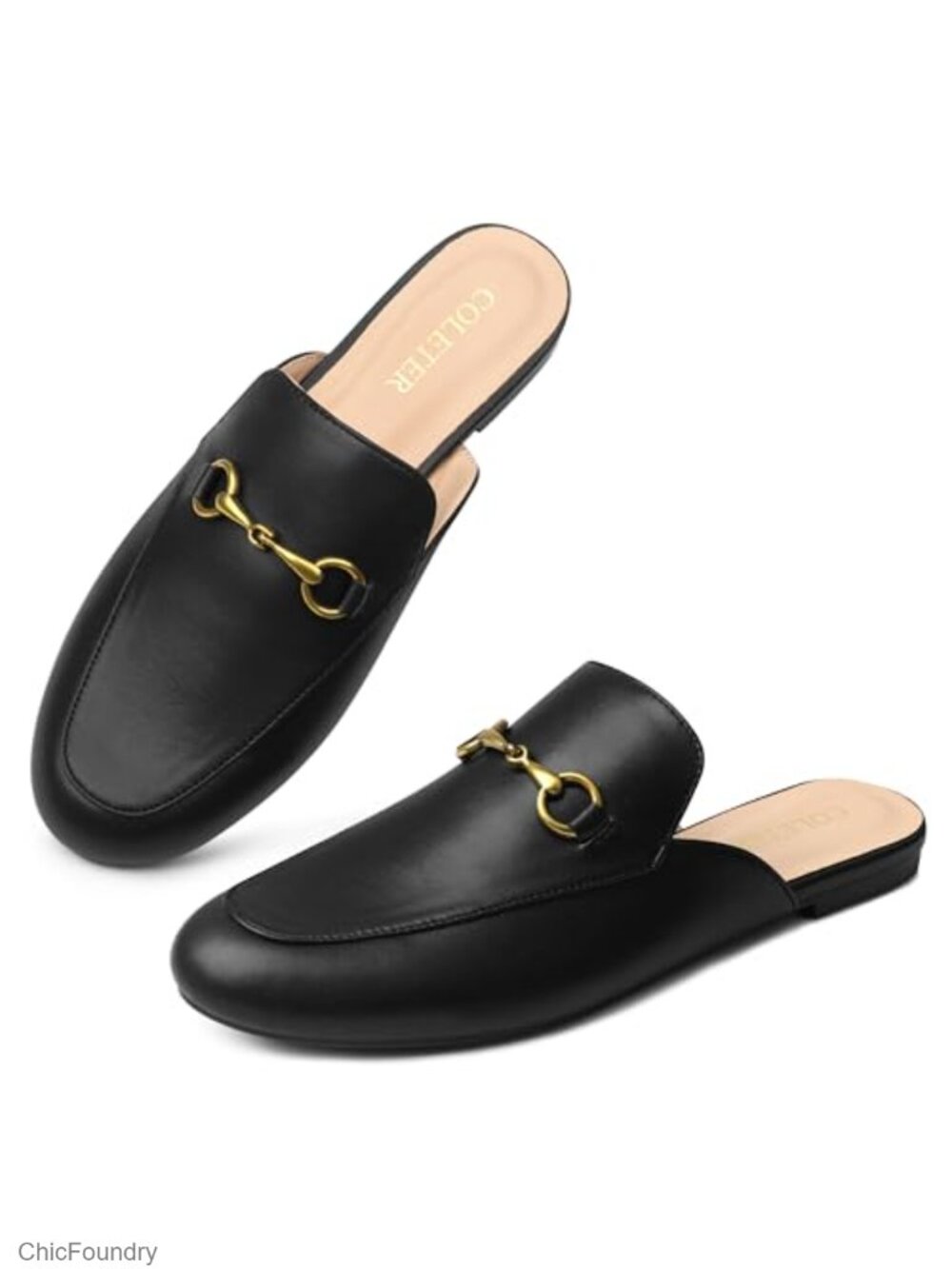 COLETER Faux Leather Flat Mules Open Toe Slip On Loafers for Women Business